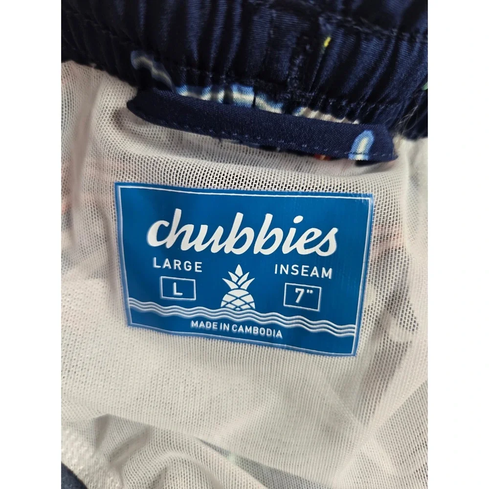 Chubbies Mens Navy Neon Flamingo Palm‎ Tree Swim Trunks 7 Inch Inseam Large